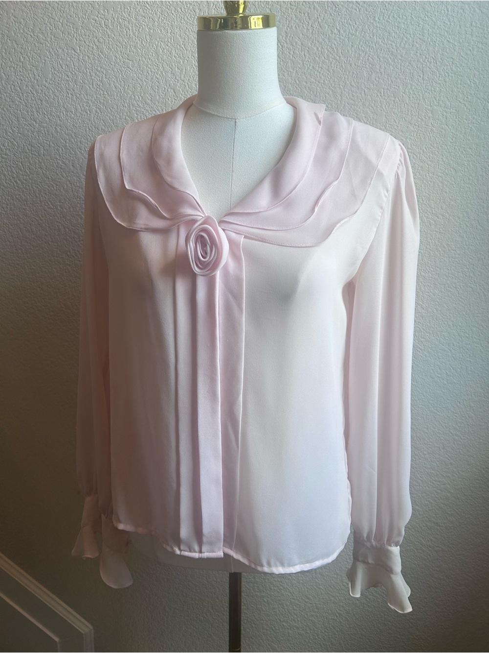 Feminine Light Pink Sheer Blouse with Rosette Detail
